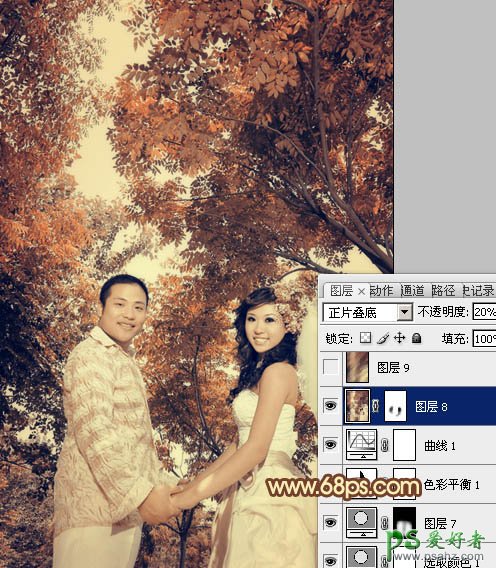 PS调色教程：给树林里的情侣婚纱照调出古典的色调