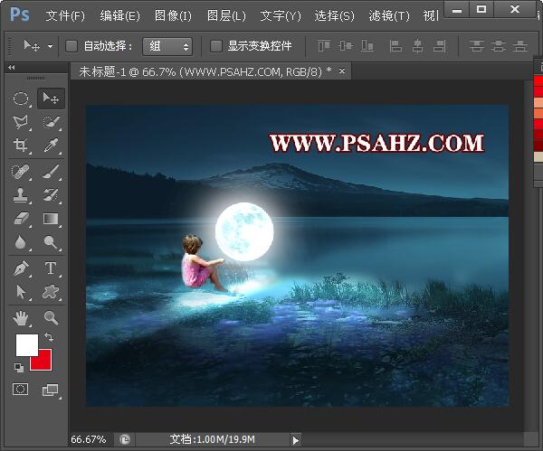 Photoshop合成暗夜里湖水边小女孩儿与月亮亲密接触的场景。