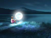 Photoshop合成暗夜里湖水边小女孩儿与月亮亲密接触的场景