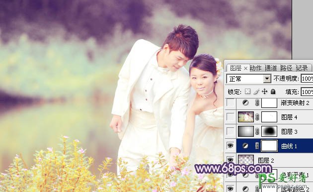 photoshop给情侣婚片快速调出梦幻的淡紫色效果