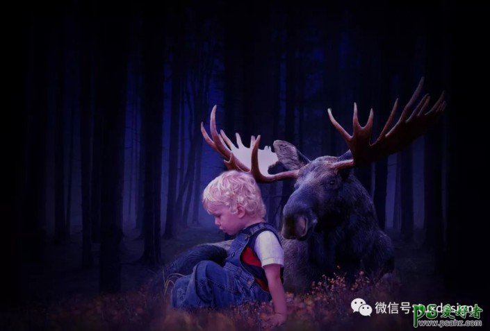 PS合成实例：创意打造森林里可爱的小男孩儿与麋鹿休息的场景。