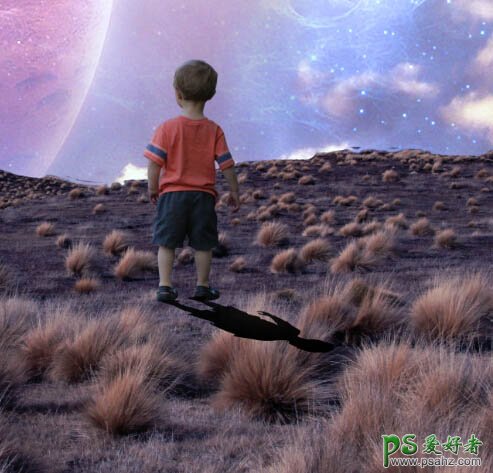 Photoshop创意合成梦幻意境场景中仰望星空的小男孩儿