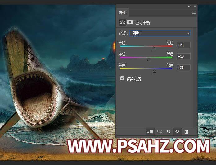 PS特效图片制作：利用合成技术打造沙滩鱼船科幻海报，史前大白鲨