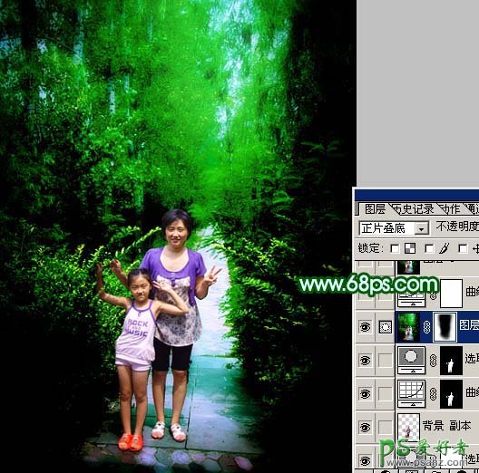 photoshop给外景人物照调出梦幻的绿色调