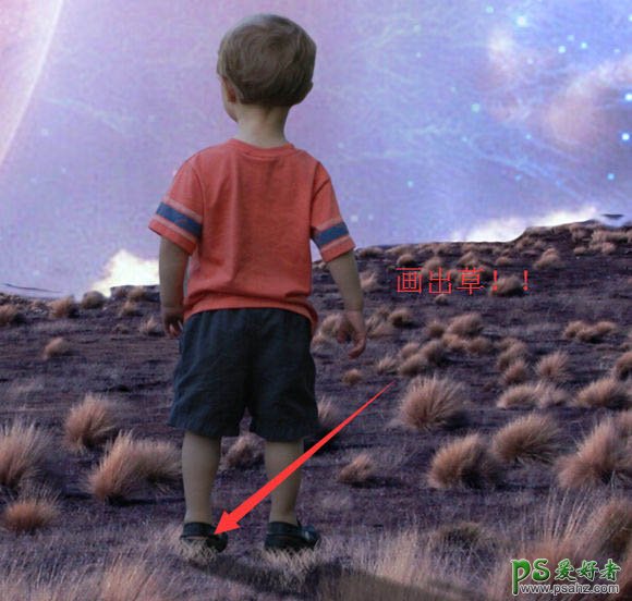Photoshop创意合成梦幻意境场景中仰望星空的小男孩儿