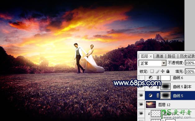Photoshop给外景唯美的婚纱照调出梦幻大气的霞光色