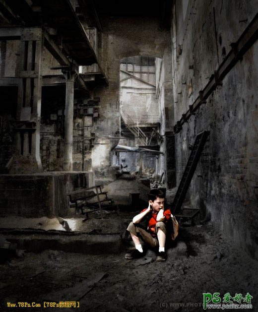 PS人像合成教程：打造静坐在废墟里的小男孩场景