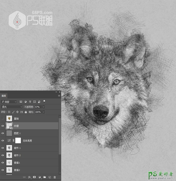 Photoshop手工制作漂亮的铅笔画效果的狼头像，涂鸦素描野狼头像