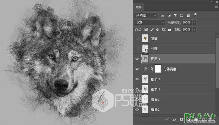Photoshop手工制作漂亮的铅笔画效果的狼头像，涂鸦素描野狼头像