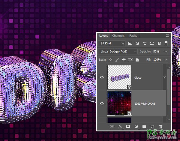 学习用PS软件中自带的3D工具制作dj舞厅灯光闪烁效果的三维立体字