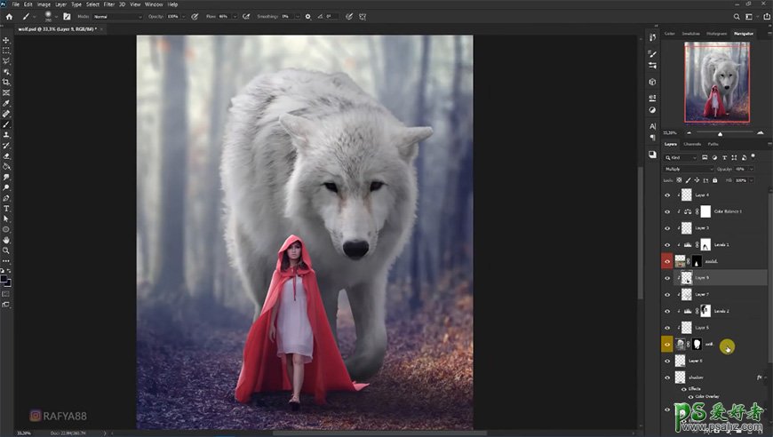 PS场景合成实例：创意打造森林中红衣少女与巨狼行走的场景。