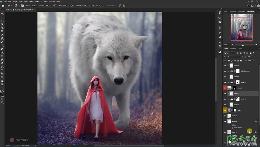 PS场景合成实例：创意打造森林中红衣少女与巨狼行走的场景。
