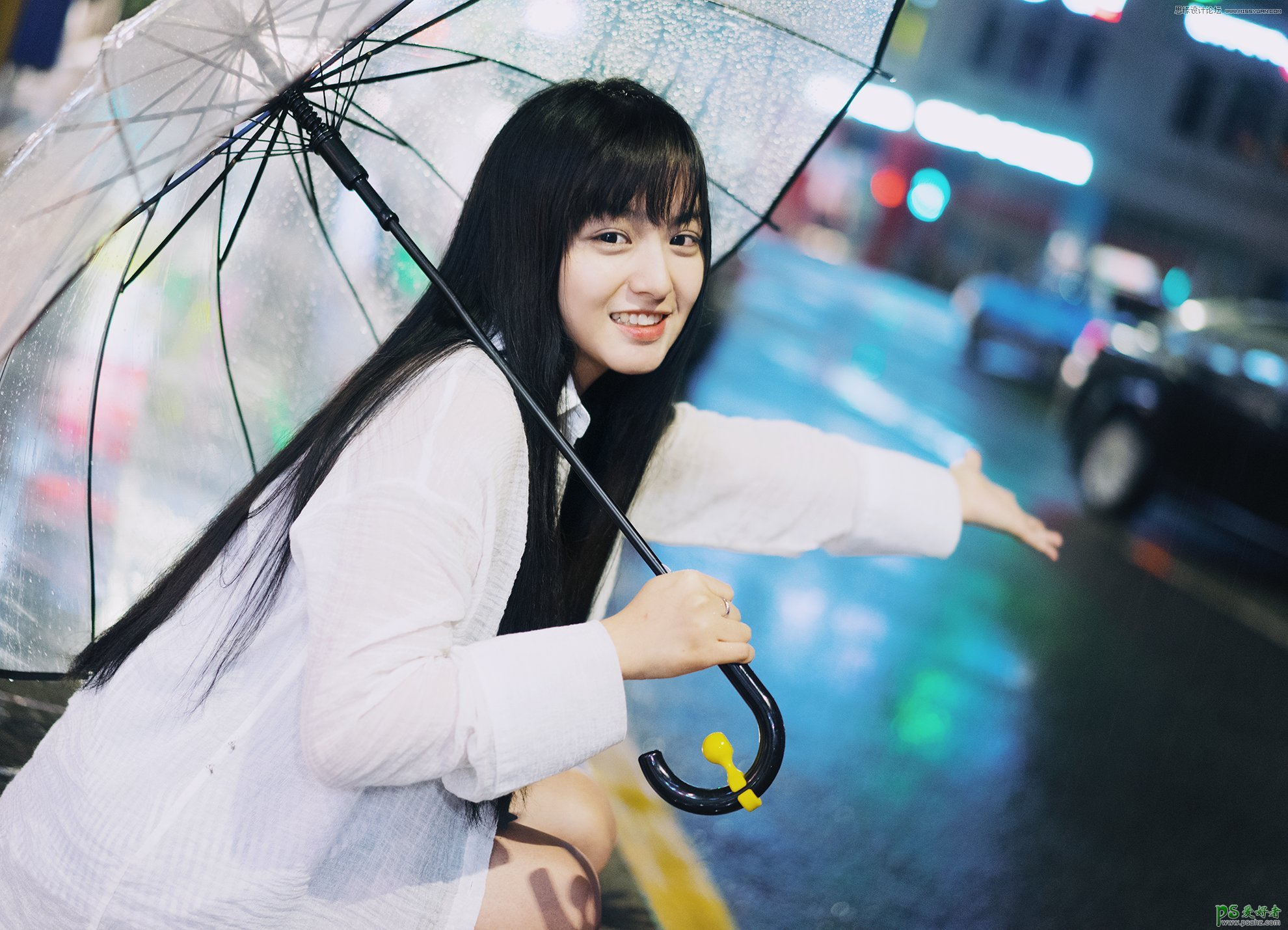 Photoshop给下雨天外景拍摄的女生照片制作出清新艺术效果