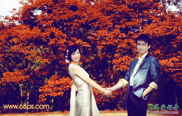 PS调色教程：给树林中的情侣婚片调出灿烂的橙红色