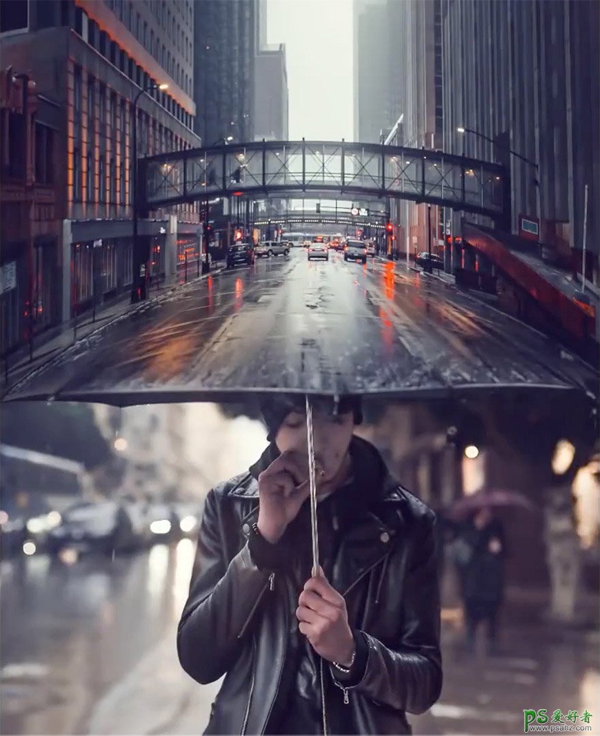 PS场景特效合成实例：打造雨伞上撑起的城市街道场景图。
