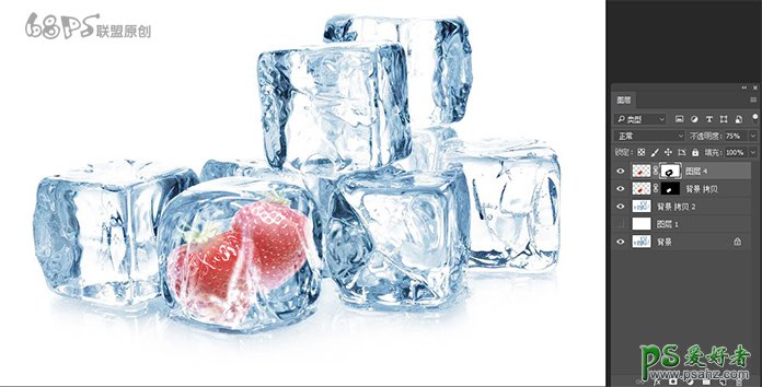 Photoshop合成被冰块冻住的新鲜水果，合成冰冻水果创意图片