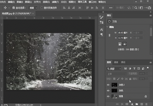 PS下雪效果图片制作：给森林风景照片制作出逼真的下雪效果。