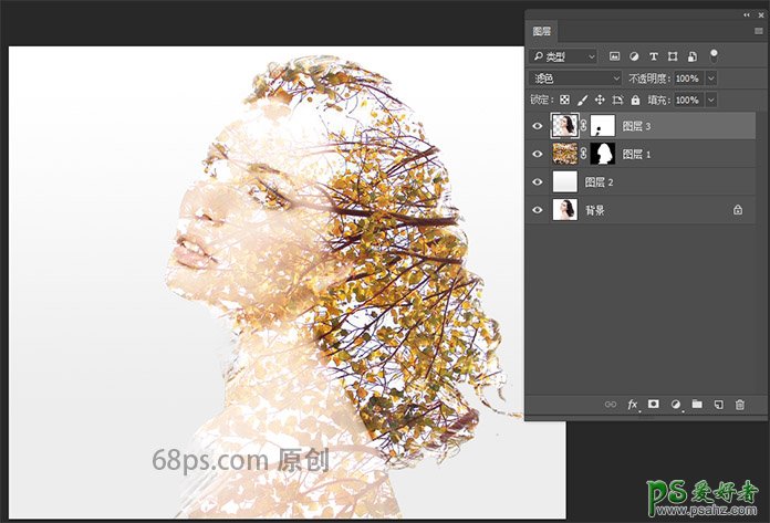 PS人像合成教程：把美女头像与树木完美溶图打造出二次曝光效果