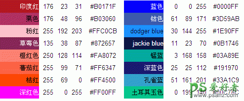 rgb颜色表，常用rgb颜色表