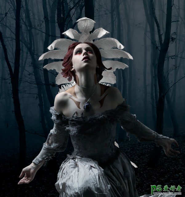 Photoshop创意合成梦幻森林中的树妖场景，美女树妖召唤生灵