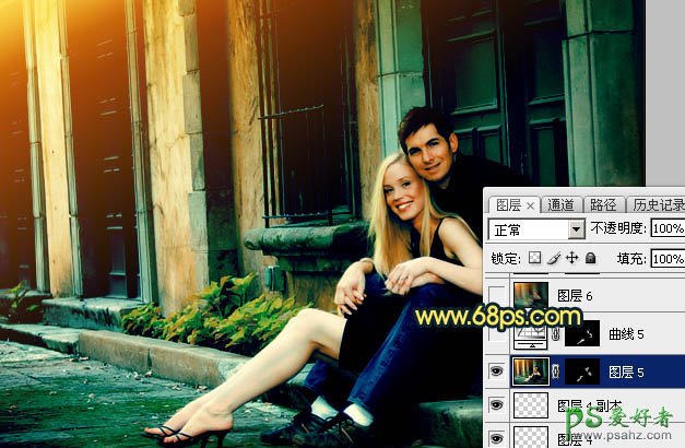 Photoshop给街头自拍的欧美情侣艺术照调出唯美的暗青色