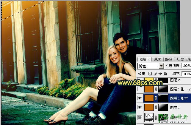 Photoshop给街头自拍的欧美情侣艺术照调出唯美的暗青色