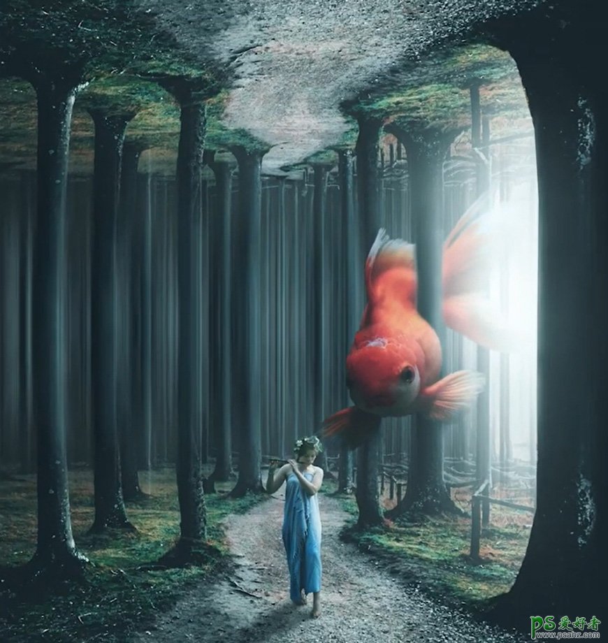 Photoshop创意合成巨大的金鱼遨游森林的场景，神奇的镜面空间。
