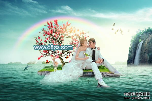 PS合成教程：创意合成唯美的彩虹岛情侣婚纱照片