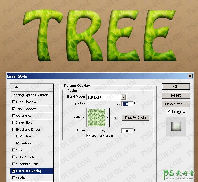 ps文字特效教程：设计有树叶装饰的绿色立体浮雕字效果