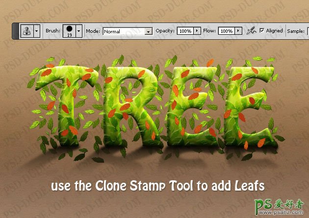 ps文字特效教程：设计有树叶装饰的绿色立体浮雕字效果