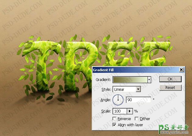 ps文字特效教程：设计有树叶装饰的绿色立体浮雕字效果