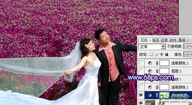 PS调色教程：给花草地上的情侣婚片调出绚丽的蓝紫色