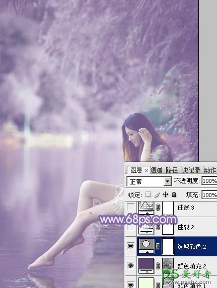 photoshop给水边戏水的性感美女艺术照调出朦胧的紫色调