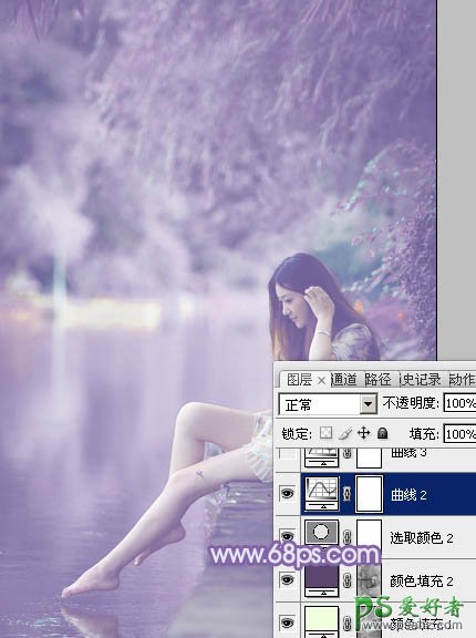 photoshop给水边戏水的性感美女艺术照调出朦胧的紫色调