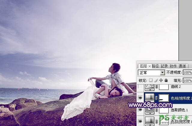 photoshop调制出经典蓝紫色海景情侣婚片教程