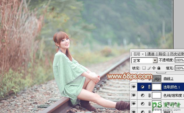Photoshop图片调色实例教程:给铁轨上自拍的甜美女孩儿调出青绿色