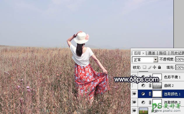 Photoshop给小清新唯美的草原女生写真图片调出清爽的青紫色效果