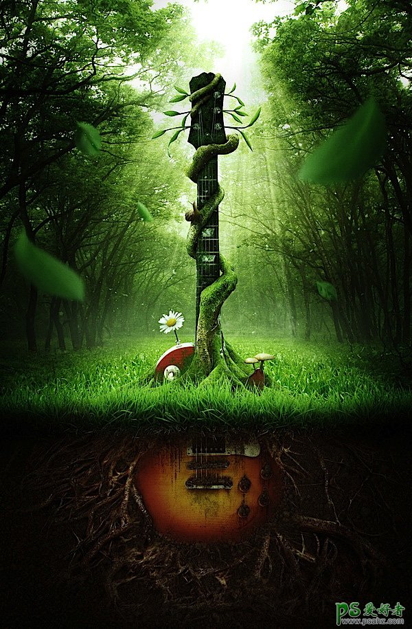 PS合成教程：森林树木与吉他完美的结合打造出被树枝缠绕的吉他