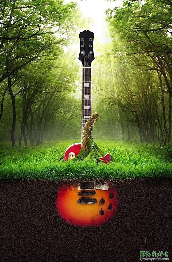 PS合成教程：森林树木与吉他完美的结合打造出被树枝缠绕的吉他