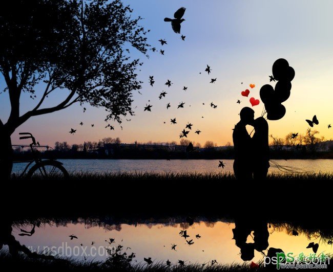 Photoshop创意合成一对黄昏中热吻的情侣失量壁纸