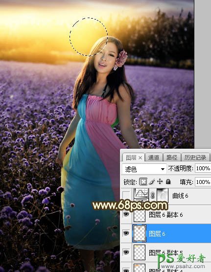 Photoshop给粉色长裙性感嫂子花圃中的写真照调出唯美意境霞光色