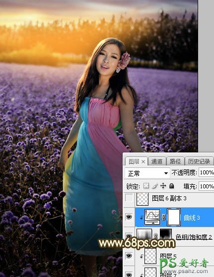 Photoshop给粉色长裙性感嫂子花圃中的写真照调出唯美意境霞光色