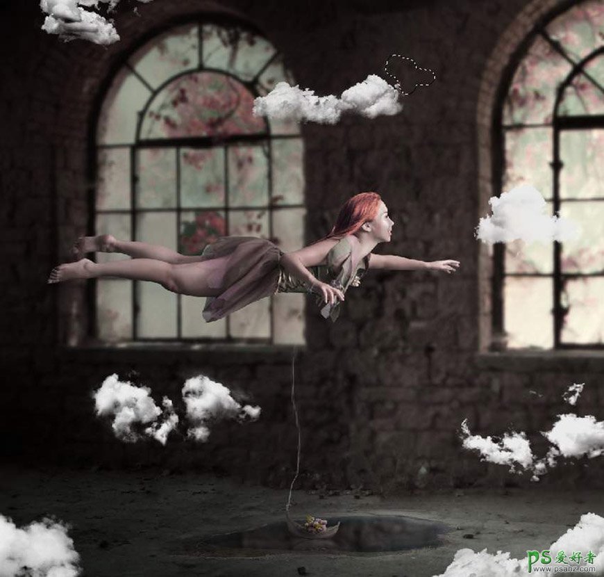 国外ps合成实例：创意打造魔幻房间里飞行的少女，空中游泳的女孩
