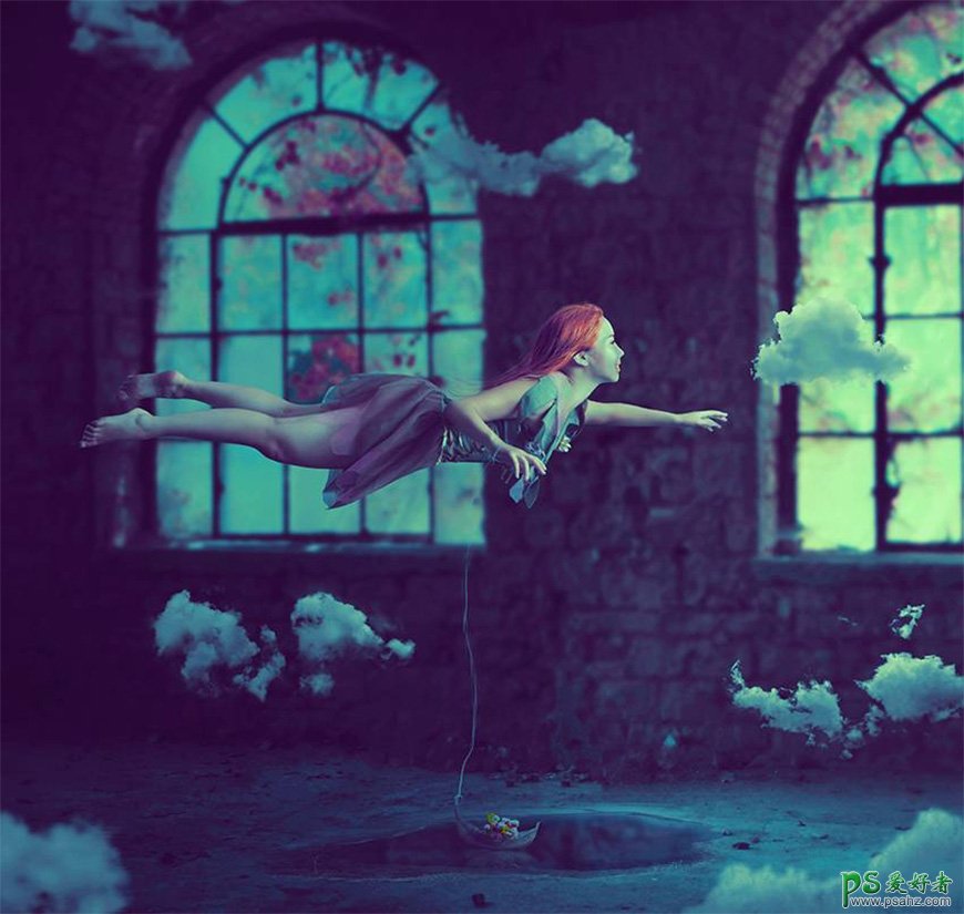 国外ps合成实例：创意打造魔幻房间里飞行的少女，空中游泳的女孩