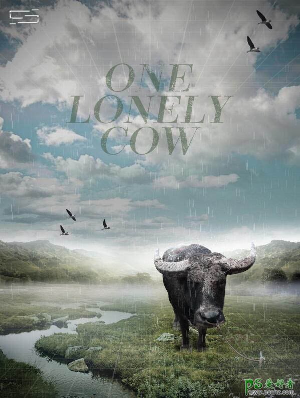 Photoshop创意合成一头在野外孤独流浪的野牛场景海报