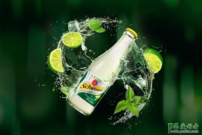 活力四射的果汁饮料海报，动感水流效果的水果饮料宣传广告。