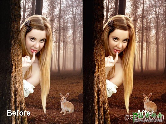 Photoshop创意合成手绘效果的丛林美女与可爱的小兔子场景