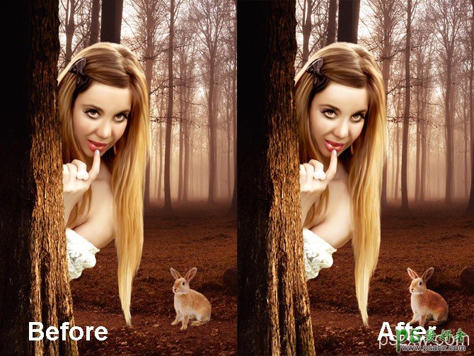 Photoshop创意合成手绘效果的丛林美女与可爱的小兔子场景