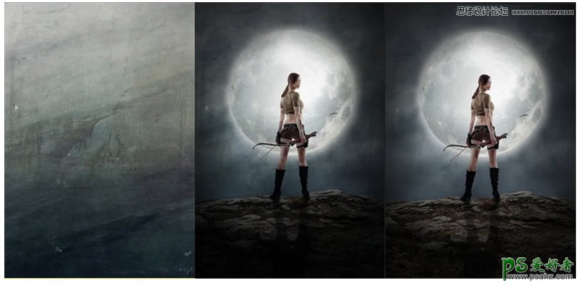 Photoshop创意合成超级月亮前拿着弓箭的女战士场景效果图