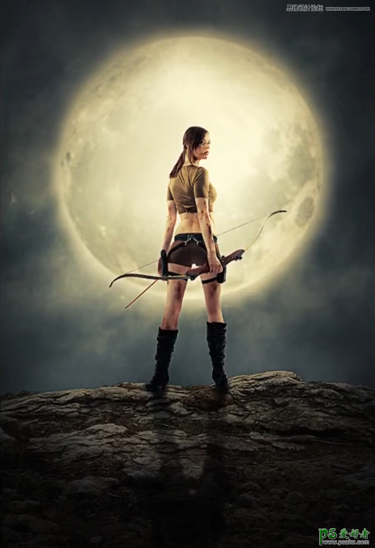 Photoshop创意合成超级月亮前拿着弓箭的女战士场景效果图